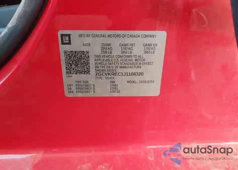 2018 Chevrolet Silverado 1500 1Lt z USA, uszkodzony, nr VIN 2GCVKREC1J1108320